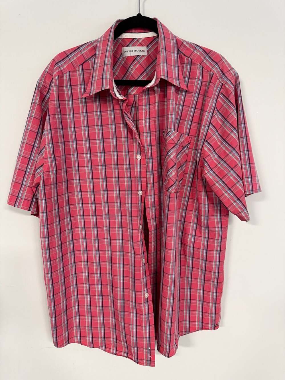 Cutter & Buck Men's Pink Plaid Short Sleeve Button-Down Shirt